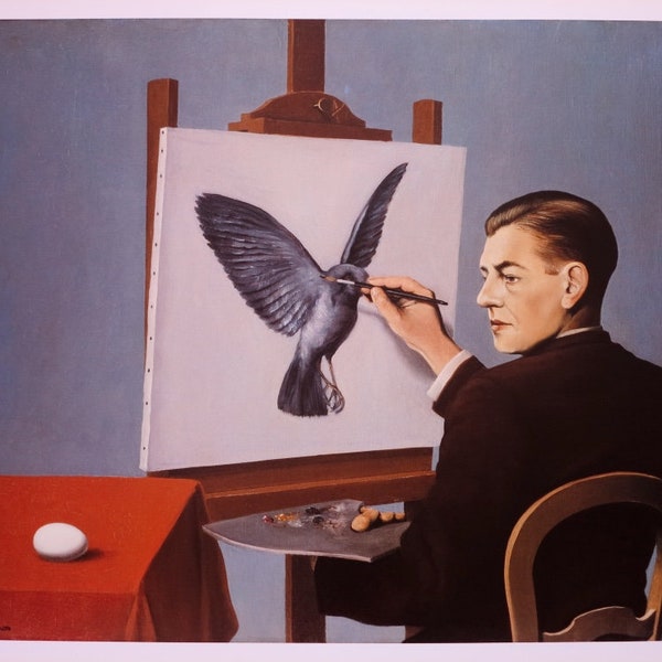 Affiche de l’exposition René Magritte - Clairvoyance - surréaliste - Artiste belge - oiseau - œuf - peintre - estampe de musée