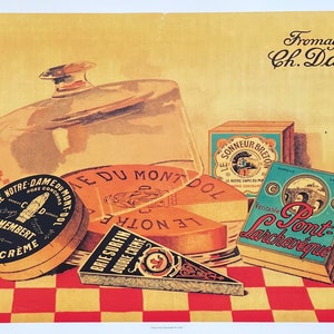 May include: Vintage advertisement for Fromageries Ch. Dayot featuring various cheeses, including Camembert and Brie, with detailed packaging. The image has a warm color palette and is set against a red and white checkered background.