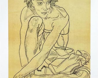 Egon Schiele exhibition poster - Accrouple - museum artist - art print - woman sitting on the floor
