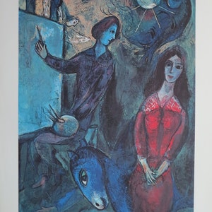 Marc Chagall exhibition poster - The artist and his model - vintage museum print - offset lithograph - 1960s