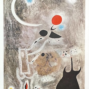 Cartel de la exposición de Joan Miró - Mujer y pájaros frente al sol - surrealismo - litografía offset - artista de museo - impresión de arte temprano - años 70