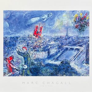 Marc Chagall exhibition poster - View of Paris - summer - blue - love - museum artist - art print
