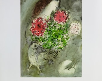 Marc Chagall exhibition poster - Woman, flowers and bird - vintage print Stedelijk Museum Amsterdam - offset lithograph - 1970s