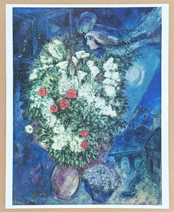 マルク・シャガール展ポスター - 飛んでいる恋人たちの花束 - 花 - 青