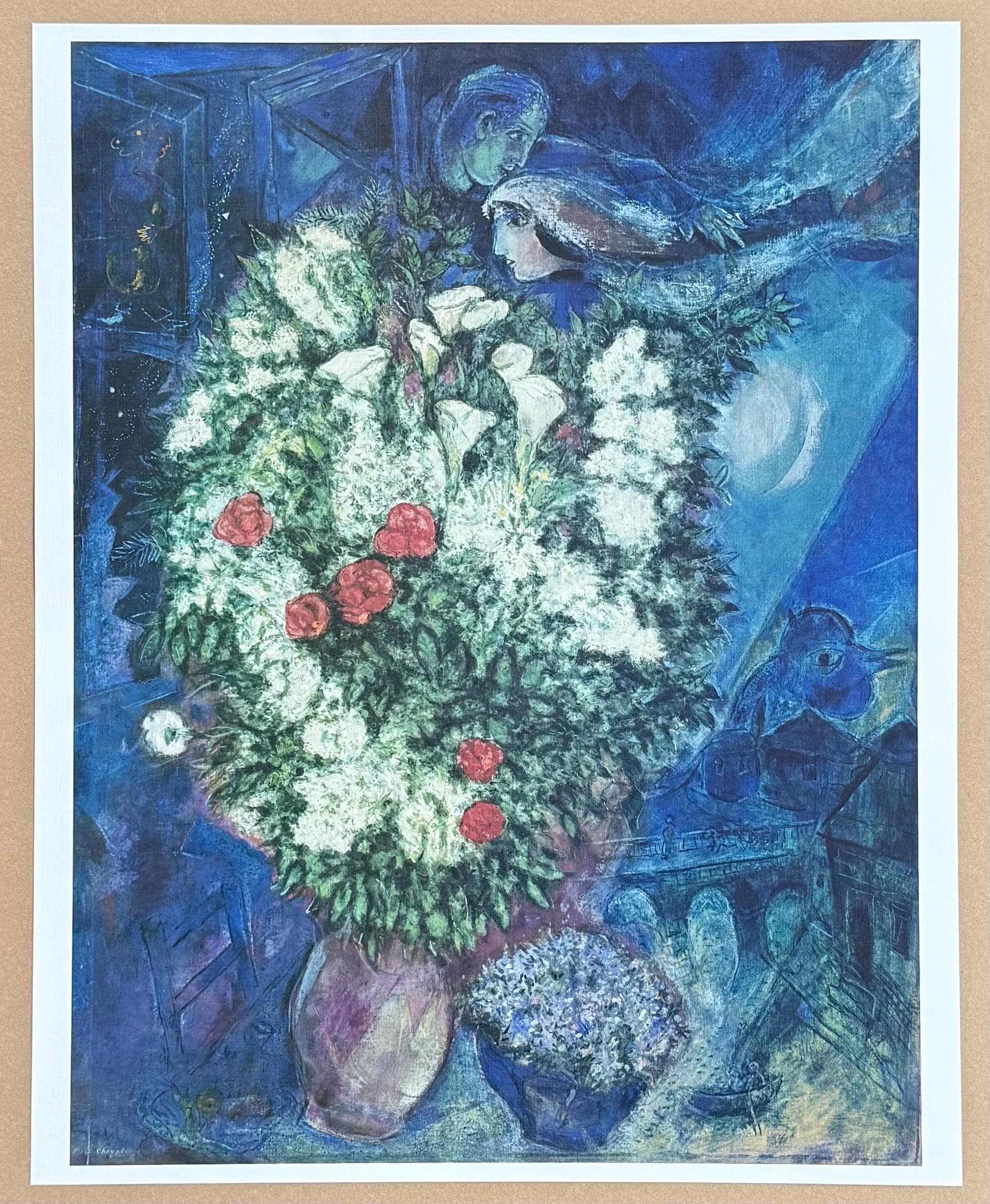 マルク・シャガール　飛んでいる恋人たちと花束 マルク・シャガール展ポスター - 飛んでいる恋人たちの花束 - 花 - 青