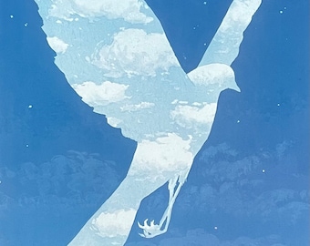 Rene Magritte exhibition poster - The entrance - surrealist - Belgian artist - bird - blue - clouds - museum artist - art print - blue