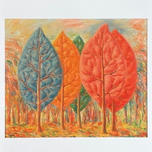Pôster da exposição Rene Magritte - The Blaze - surrealista - artista belga - artista de museu - impressão artística - floresta - árvores - folhas