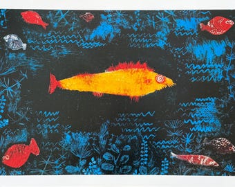Paul Klee exhibition poster - The Golden Fish - blue - gold - museum artist - art print