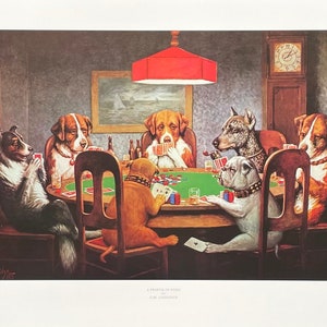 C.M. Affiche de l'exposition Coolidge - Un ami dans le besoin - chiens jouant au poker - artiste du musée - reproduction d'art