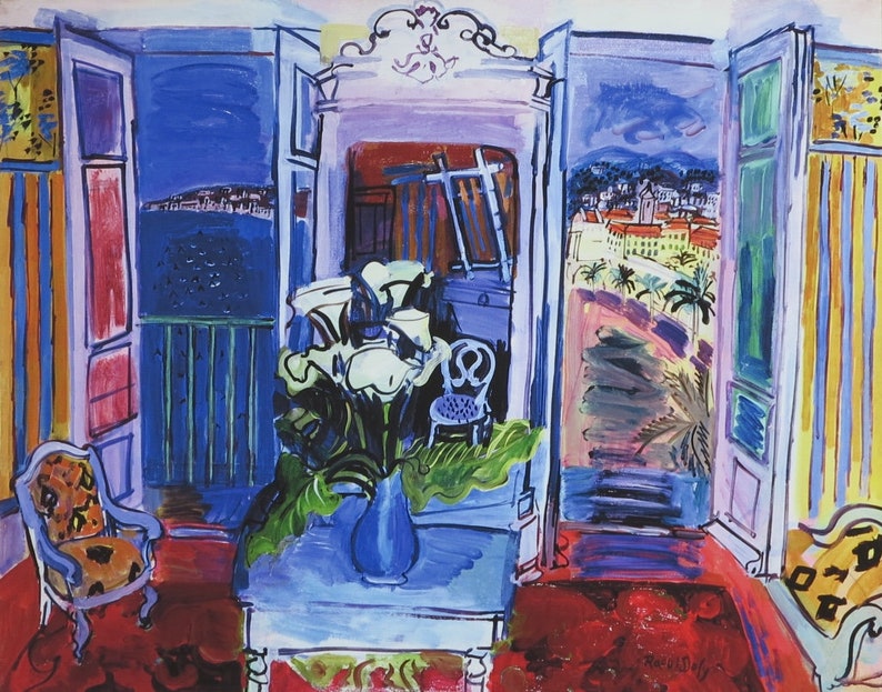 Interior with open windows excellent condition blue museum print still life Raoul Dufy exhibition poster