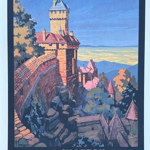 May include: Vintage travel poster for the Chemins de Fer d'Alsace et de Lorraine, featuring Le Ch&acirc;teau du Haut-Koenigsbourg. The illustration depicts a medieval castle with red-tiled roofs, set against a backdrop of blue sky and rolling hills. The poster's text is in French.