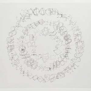 May include: A black and white line drawing of a circular design featuring multiple figures and objects. The figures are in various poses and the objects are abstract shapes.