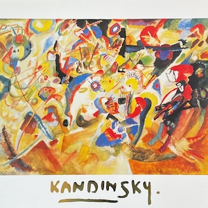 Könnte beinhalten: Ein abstraktes Gemälde mit einem farbenfrohen, geometrischen Design. Das Gemälde zeigt eine Vielzahl von Formen und Farben, darunter Rot, Gelb, Blau, Grün und Schwarz. Die Unterschrift des Künstlers, "Kandinsky", ist in der rechten unteren Ecke sichtbar.