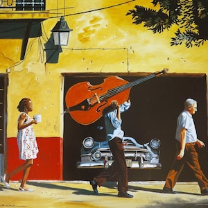 May include: A painting of a street scene with a person carrying a large double bass, another person walking in the opposite direction, and a young person standing on the sidewalk holding a cup. The scene is painted in a bright, colorful style.