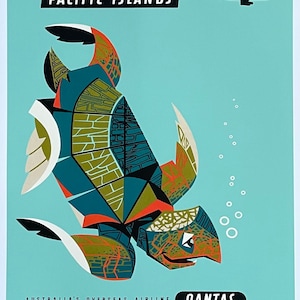 Australiensisk turismposter - Stillahavsöarna - Qantas - sköldpadda - sol - hav - dekorativt konsttryck - offset litografi