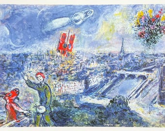 マルクシャガール 私の村 複製画 油彩画 額入り シルバーフレーム