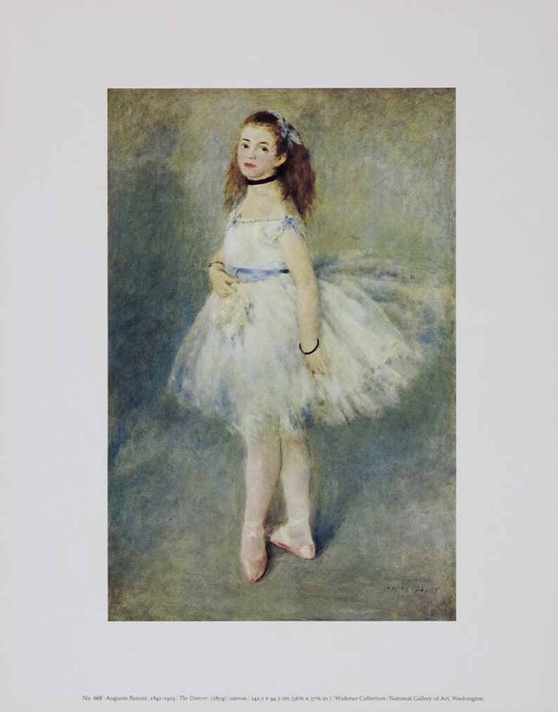 Peut inclure: Une peinture d'une jeune fille portant un tutu blanc et une ceinture bleue. Elle est debout sur la pointe des pieds, les bras crois&eacute;s devant elle. L'arri&egrave;re-plan est d'un vert doux et mat.