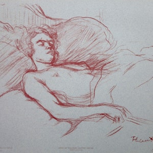 Cartel de la exposición Henri de Toulouse-Lautrec - Mujer dormida en la cama - impresión vintage rara 1970 - impresionista