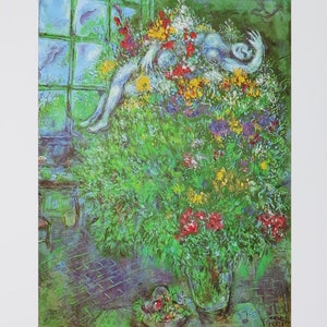 Cartel de la exposición de Marc Chagall - Flores verdes en jarrón - artista de museo - impresión artística - litografía offset - surrealismo - 1999