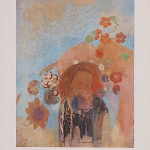 May include: A pastel painting of a man with a beard, surrounded by flowers. The background is a soft blue and pink.