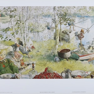Carl Larsson exhibition poster - Crayfishing - playing children - Swedish artist - 1985