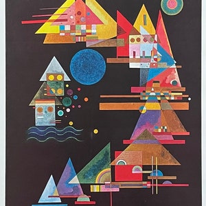 May include: Abstract geometric art print featuring a black background with colourful shapes, including triangles, squares, and circles. The print features a blue circle, a red square, and a yellow triangle.