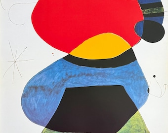 Joan Miro exhibition poster - Femme avec trois cheveux entournee pas des oiseaux dans la huit - museum artist - art print - surrealism
