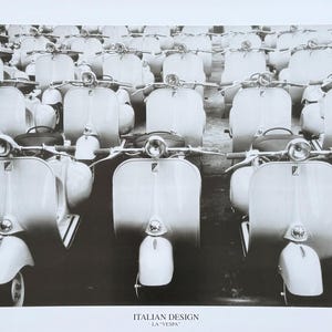 Vespa -  exhibition poster - Italian Design - scooter - Piaggio - iconic - offset lithograph - black white photography - art print