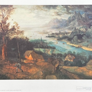 Pieter Breughel exhibition poster - River landscape with sower - museum artist - art print - offset lithograph - 1970