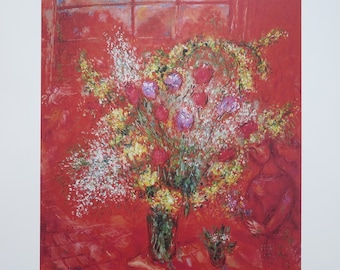 Marc Chagall tentoonstellingsposter - Fleurs sur fond rouge - museumprint op zeefdrukpapier - rood - stilleven - bloemen - liefde