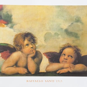 May include: A painting depicting two cherubs with wings, one gazing upwards and the other looking sideways. The cherubs are painted in a realistic style with soft, muted colours. The background is a pale blue sky with clouds.