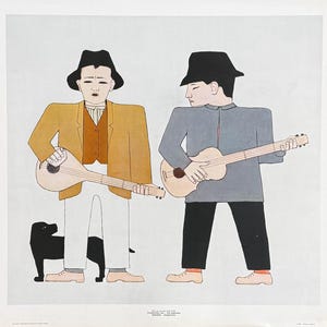 May include: A print featuring two figures in hats, each holding a stringed instrument. One figure wears a yellow jacket, brown vest, and white pants. The other figure wears a gray jacket and black pants. A black dog is present. The print has a minimalist style.