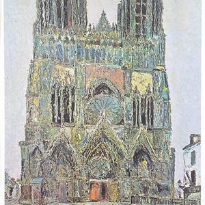 May include: Impressionistic painting of Reims Cathedral, 1915, showcasing the facade with its two towers. The artwork uses thick brushstrokes and a palette of greens, blues, and browns. The cathedral's architectural details are visible, with a hint of a street scene.