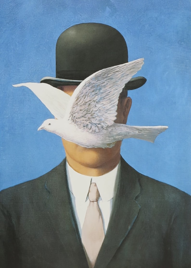 Rene Magritte exhibition poster The man with the bowler hat bird before face portrait surrealist museum print image 1