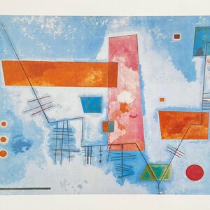 May include: Abstract painting with geometric shapes in shades of blue, orange, pink, and red on a light blue background. The painting features a grid pattern and thin black lines.