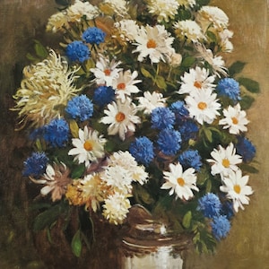 Cartel exposición R Colao - Margaritas y acianos - Flores en jarrón - Naturaleza muerta - lámina - 1971