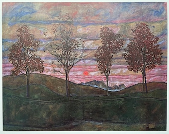 Egon Schiele exhibition poster - Four trees - museum print - offset litho - 1979