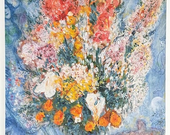 Marc Chagall exhibition poster - Bouquet of Flowers - museum artist - art print - blue - still life