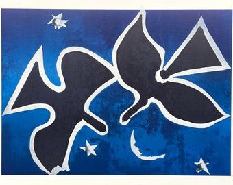 Georges Braque tentoonstellingsposter - Les Oiseaux - museumkunstenaar - kunstprint - blauwe vogel - duif - les fauves - blauw zwart