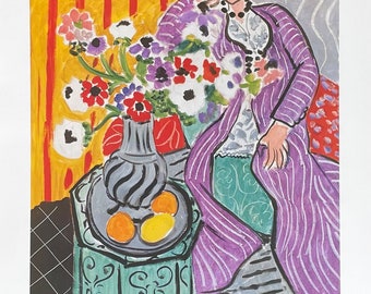 Henri Matisse exhibition poster - Purple Robe and Anemones - still life - young woman - flowers - French Art - museum artist - art print