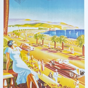 Niza - Costa Azul - Francia - Paseo marítimo - Sol amarillo - Coche rojo - Turismo francés - Viajes - Lámina decorativa - Póster de exposición