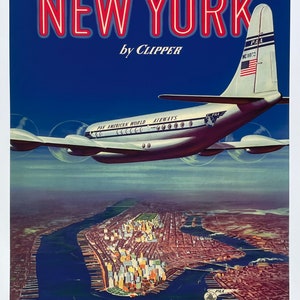 New York exhibition poster - Pan American World Airways - Manhattan - Airplane - Clipper - art print - travel tourism - reproduction