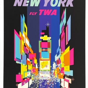 Poster turistico di Trans World Airlines - New York fly TWA - skyline - viaggi - vacanze - stampa artistica decorativa - litografia offset