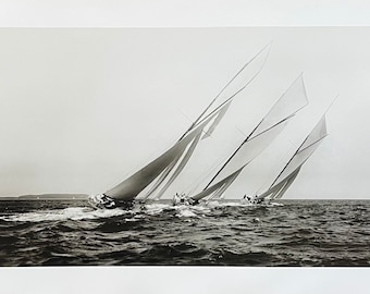 Three sailing yachts exhibition poster - Sailboat - ocean - sea - regatta - art print - black white photography - offset litho