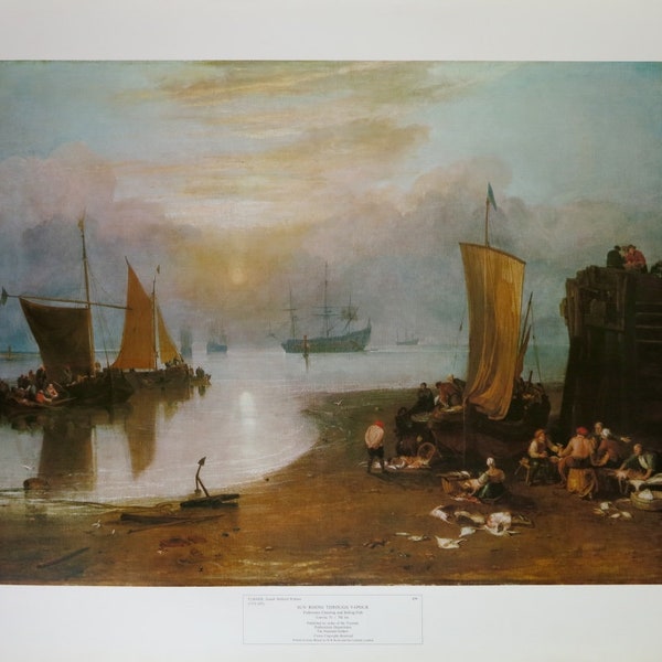 Affiche d’exposition William Turner - Soleil se levant à travers la vapeur - pêcheurs - navires - impression de musée - lithographie offset - années 1970