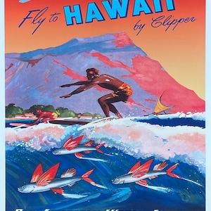 Fly to Hawaii by Clipper exhibition poster - Pan American World Airways - Airplane - decorative art print - travel tourism - reproduction