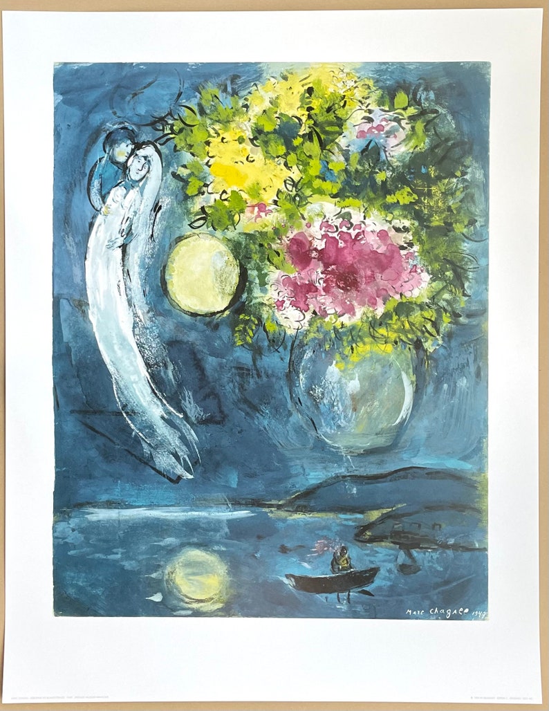 Marc Chagall exhibition poster Lovers and vase with flowers museum artist art print blue still life 1994 image 2
