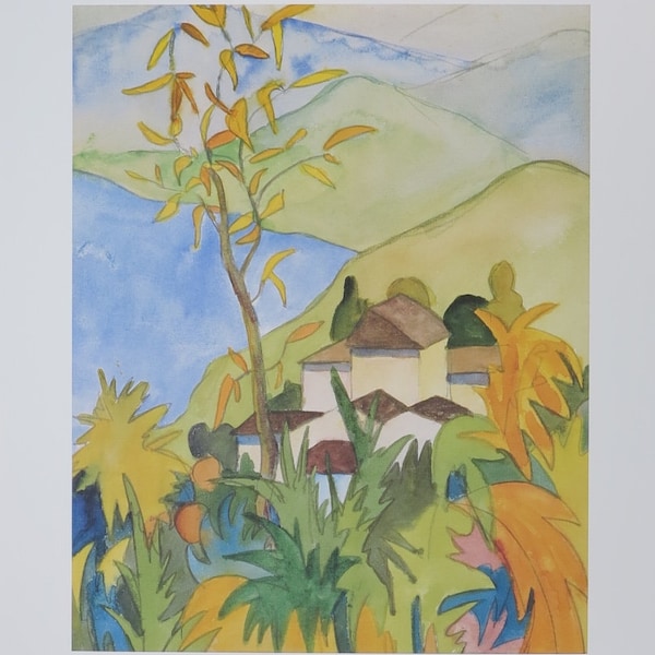 Affiche de l’exposition Hermann Hesse - Village au bord du lac - montagnes - paysage - estampe de musée - artiste allemand - lithographie offset - 1999
