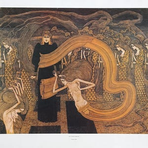 May include: A print featuring a central figure in a black gown holding a scroll, surrounded by several figures in patterned gold dresses. A large, curved, light brown ribbon-like form flows across the scene, with text at the bottom reading DIE TÖCHTER DER ELBE.
