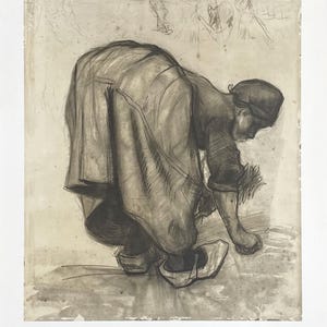 May include: A charcoal sketch of a person bending over, wearing a long skirt and a head covering. The figure is in a crouched position, with one arm extended towards the ground. The artwork is on a light-colored background.